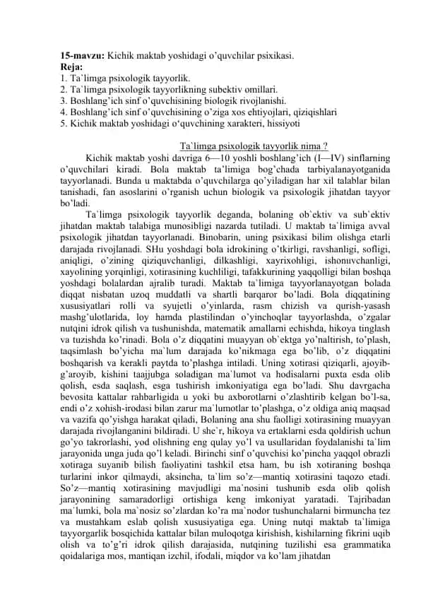 Kichik maktab yoshidagi o’quvchilar psixikasi