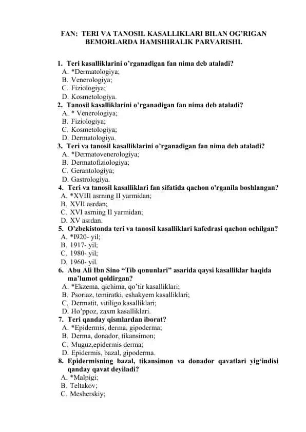 Teri va tanosil kasalliklari bilan og‘rigan bemorlarda hamshiralik parvarishi