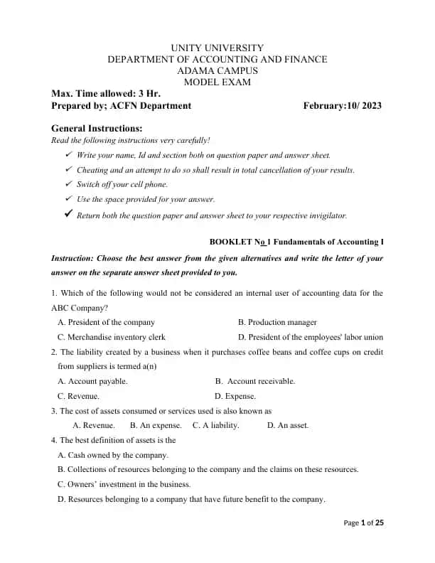 Fundamentals of Accounting I Model Exam