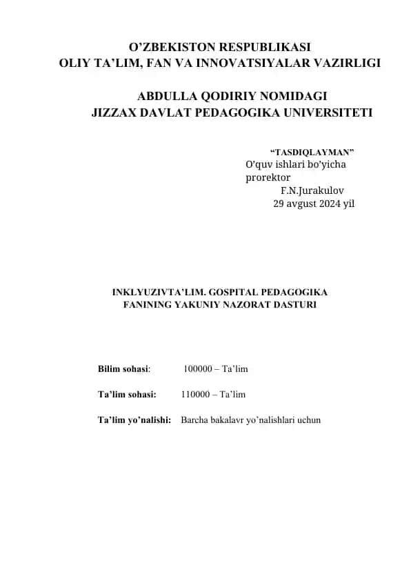 INKLYUZIVTA’LIM. GOSPITAL PEDAGOGIKA