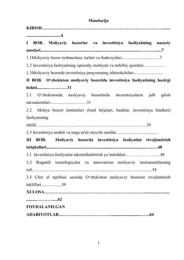 Moliyaviy bozorlar va investitsiya faoliyatining nazariy asoslari