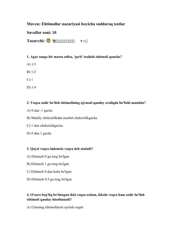 Ehtimollar nazariyasi boyicha soddaroq testlar