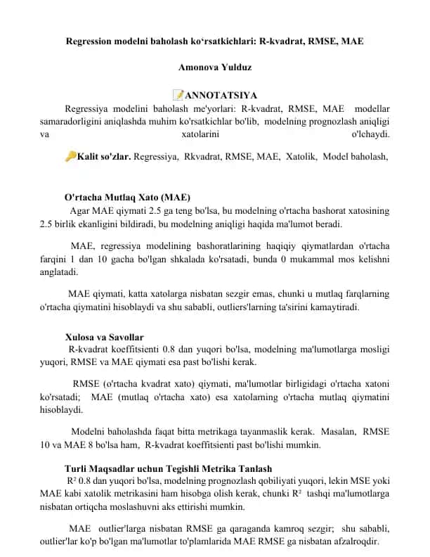 Regression modelni baholash ko‘rsatkichlari