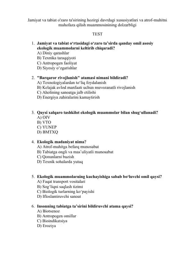 Ekologik muammolar va ularning echimlari