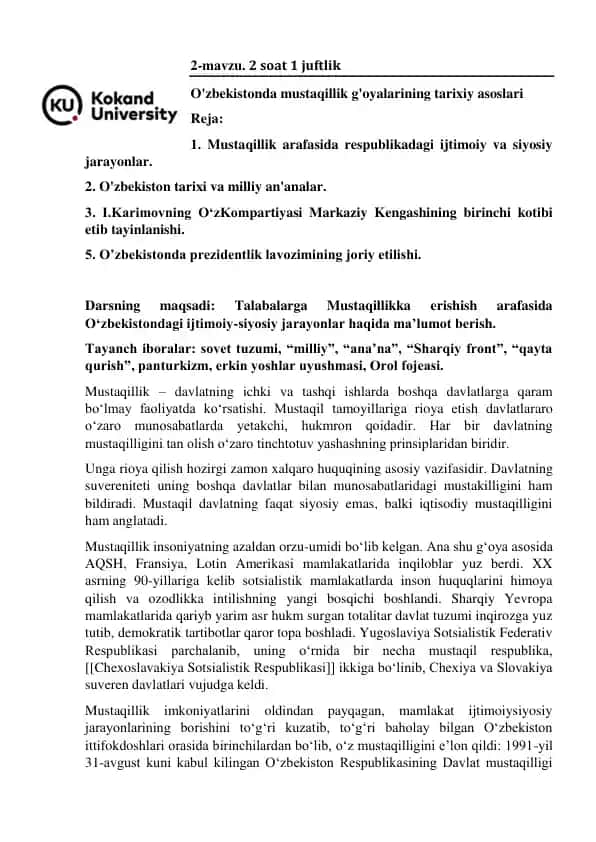 O‘zbekistondagi Mustaqillikning Tarixiy Asoslari