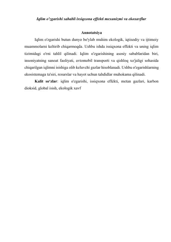 Iqlim o'zgarishi sababli issiqxona effekti mexanizmi va ekoxavflar