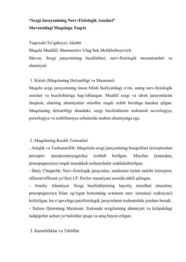 Sezgi Jarayonining Nerv-Fiziologik Asoslari