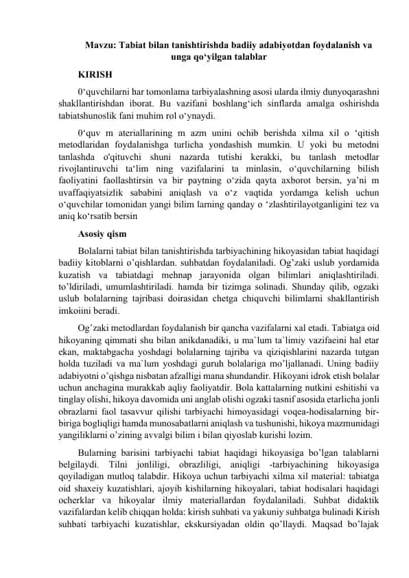 Tabiat bilan tanishtirishda badiiy adabiyotdan foydalanish va unga qo‘yilgan talablar