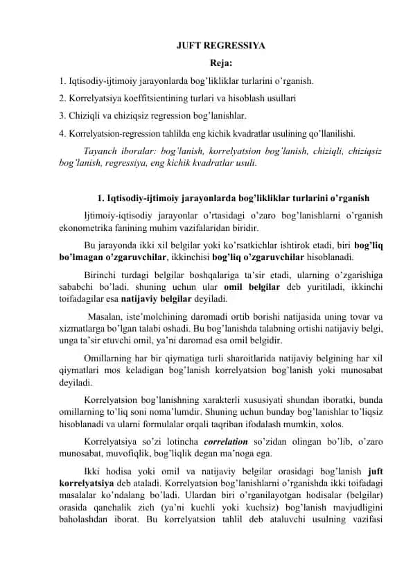 Iqtisodiy-ijtimoiy jarayonlarda bog’likliklar turlarini o’rganish