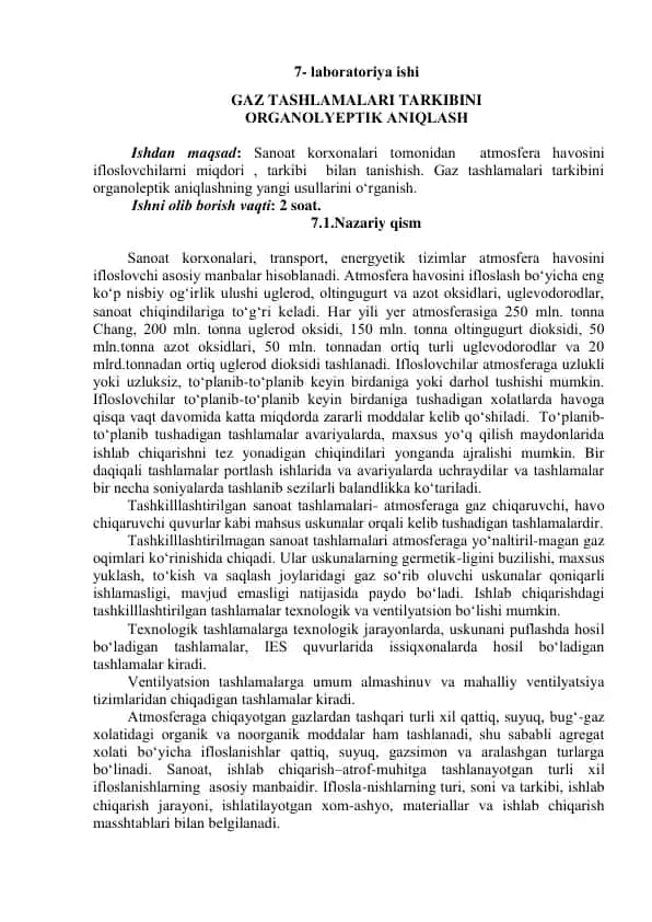 Gaz tashlamalari tarkibini organoleptik aniqlash laboratoriya ishi