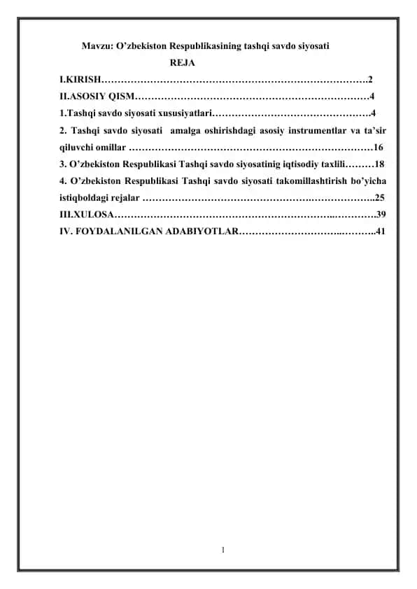 O’zbekiston Respublikasining tashqi savdo siyosati