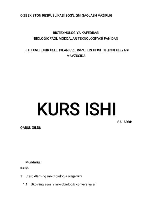 BIOTEXNOLOGIK USUL BILAN PREDNIZOLON OLISH TEXNOLOGIYASI