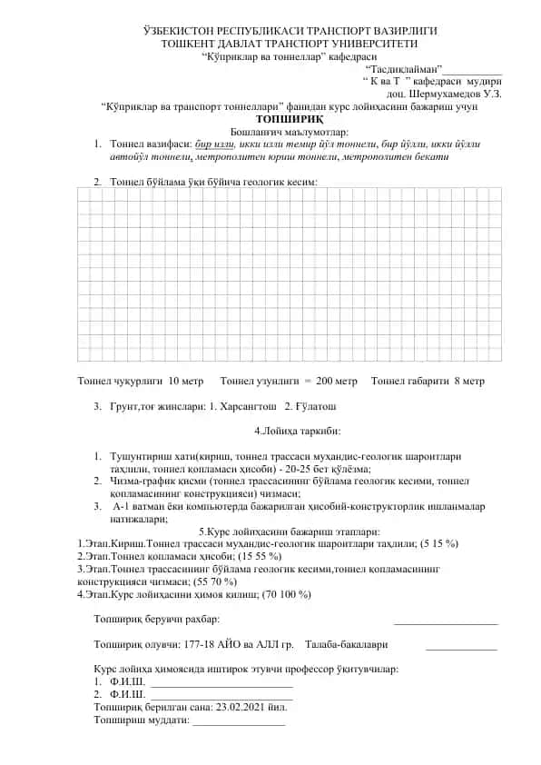 Kўprilar va transport tunnellari fanidan kurs loyihasi