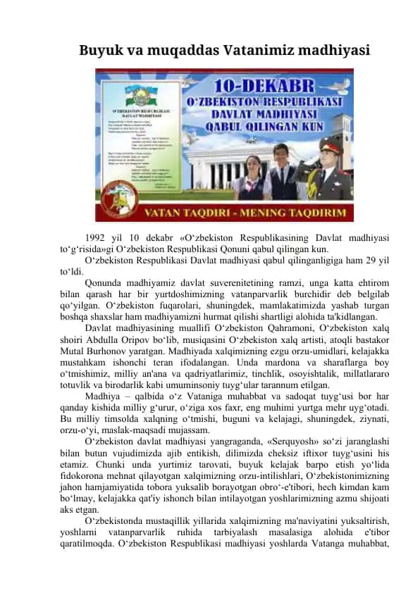 Buyuk va muqaddas Vatanimiz madhiyasi