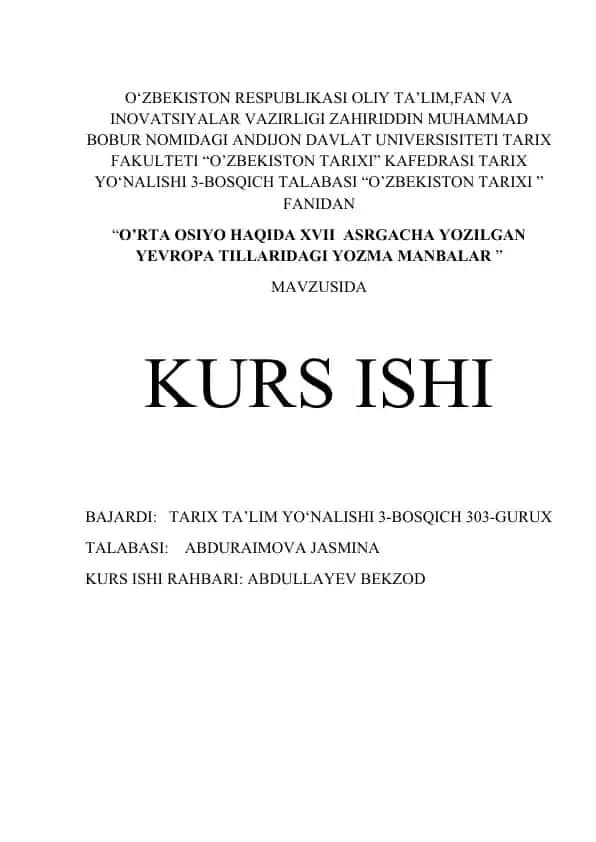 O‘rta Osiyo haqida XVII asrgacha yozilgan yevropa tillaridagi yozma manbalar