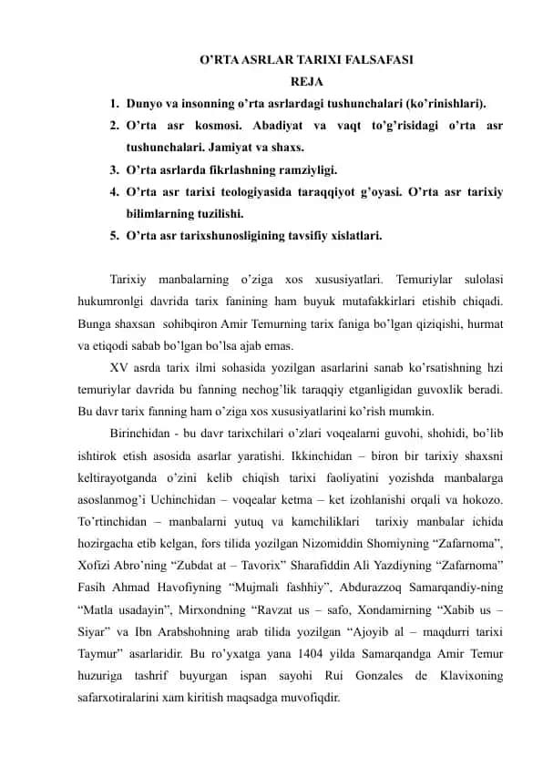 O’RTA ASRLAR TARIXI FALSAFASI