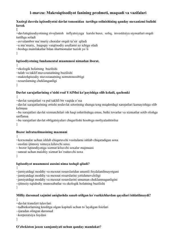 Makroiqtisodiyot fanining predmeti, maqsadi va vazifalari
