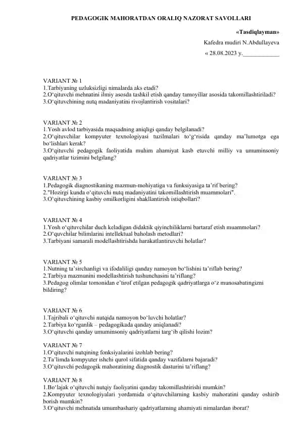 Pedagogik mahoratdan oralik nazorat savollari