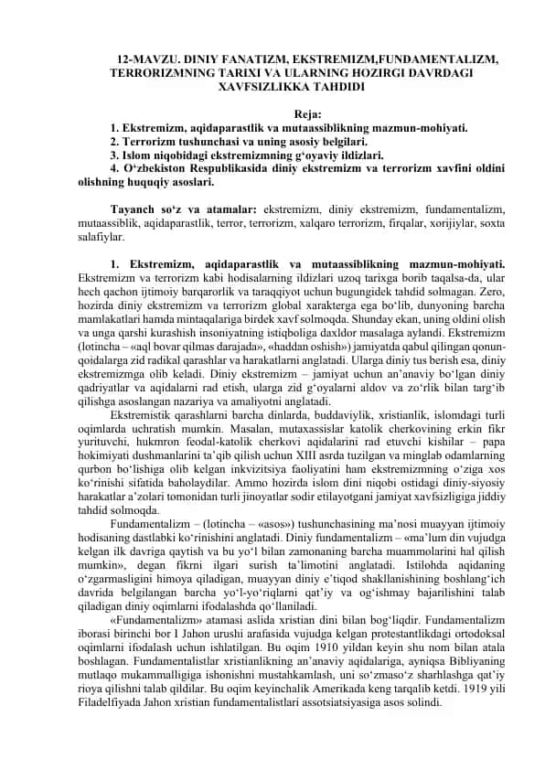 DINIY FANATIZM, EKSTREMIZM,FUNDAMENTALIZM, TERRORIZMNING TARIXI VA ULARNING HOZIRGI DAVRDAGI XAVFSIZLIKKA TAHDIDI