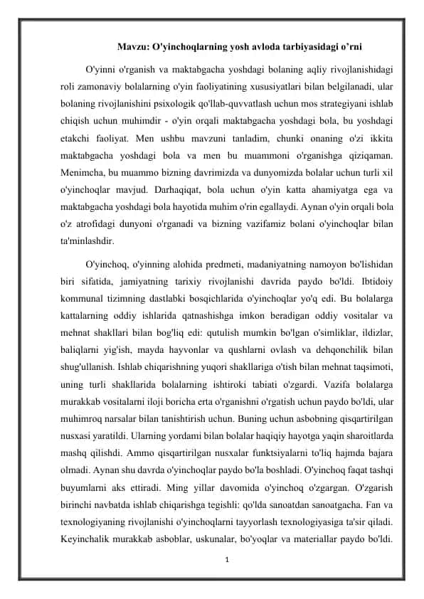 O'yinchoqlarning yosh avloda tarbiyasidagi o’rni