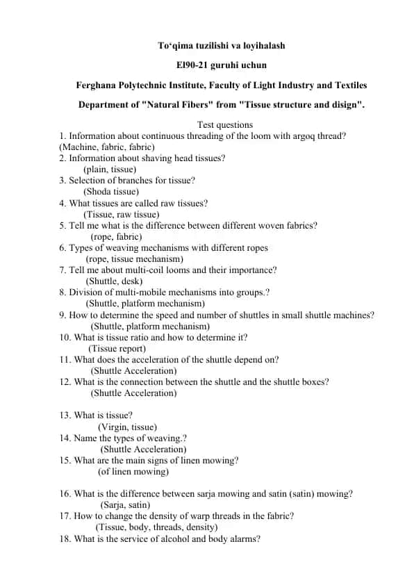 Tissue structure and design test questions