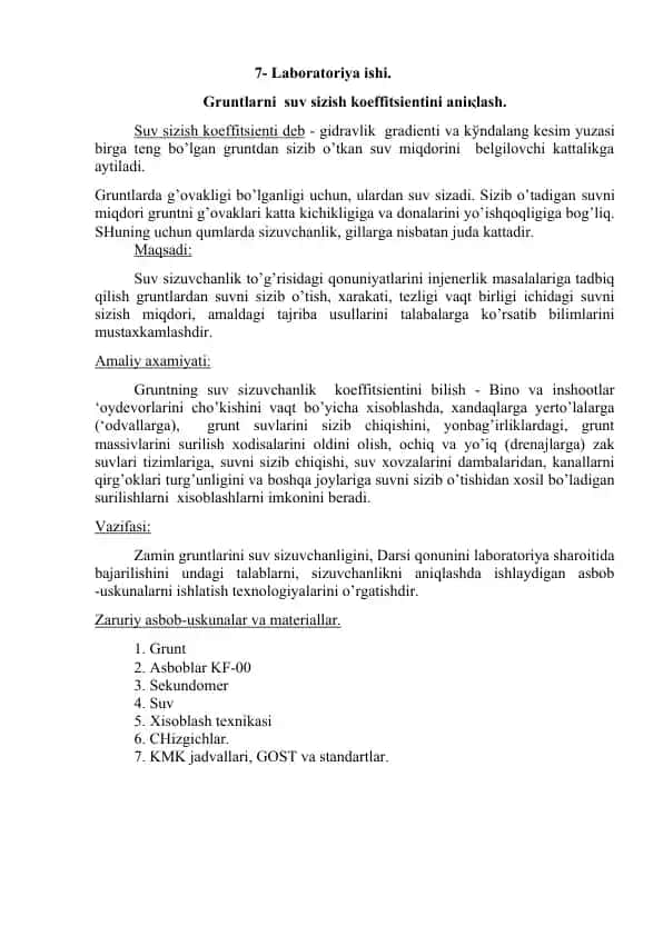 Suv Sizish Koeffitsientini Aniqlash Uchun Laboratoriya Ishi