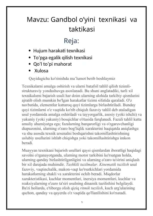 Gandbol o’yini texnikasi va taktikasi