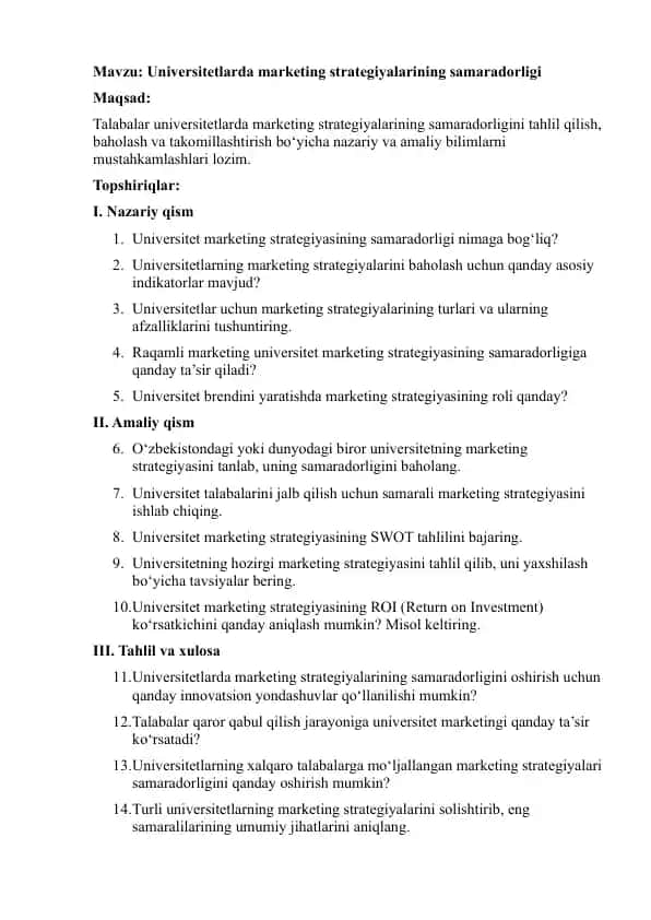 Universitetlarda marketing strategiyalarining samaradorligi