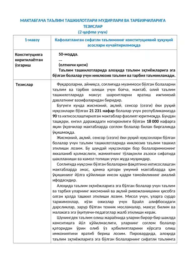 Maktabgacha ta'lim tashkilotlari mudirlari va tarbiyachilariga tezislar