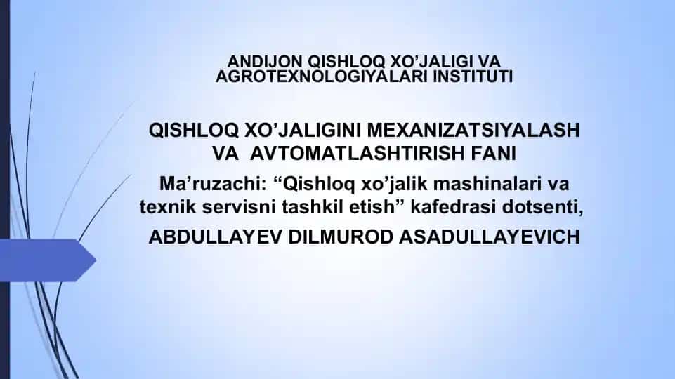 Qishloq xo'jalik mashinalari va texnik servisni tashkil etish