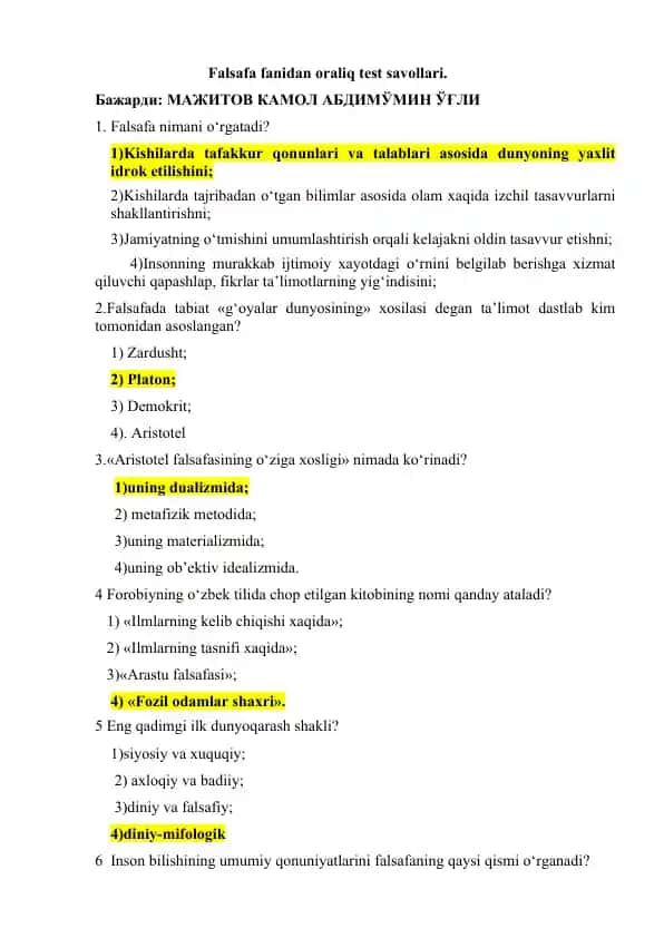 Falsafa fanidan oraliq test savollari