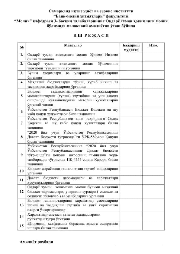 Оқдарё туман ҳокимлиги молия бўлими малакавий амалиёт бўйича иш режалари