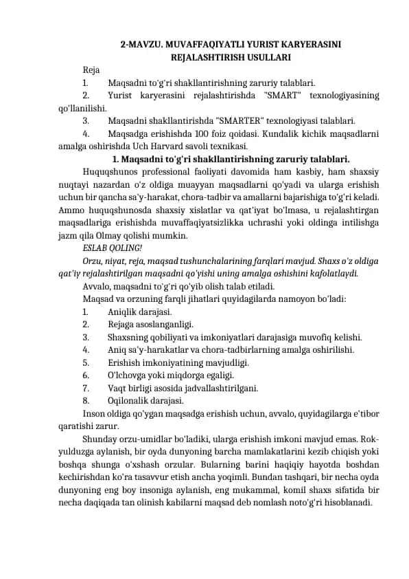 MUVAFFAQIYATLI YURIST KARYERASINI REJALASHTIRISH USULLARI