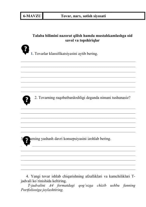 Talaba bilimini nazorat qilish hamda mustahkamlashga oid savol va topshiriqlar
