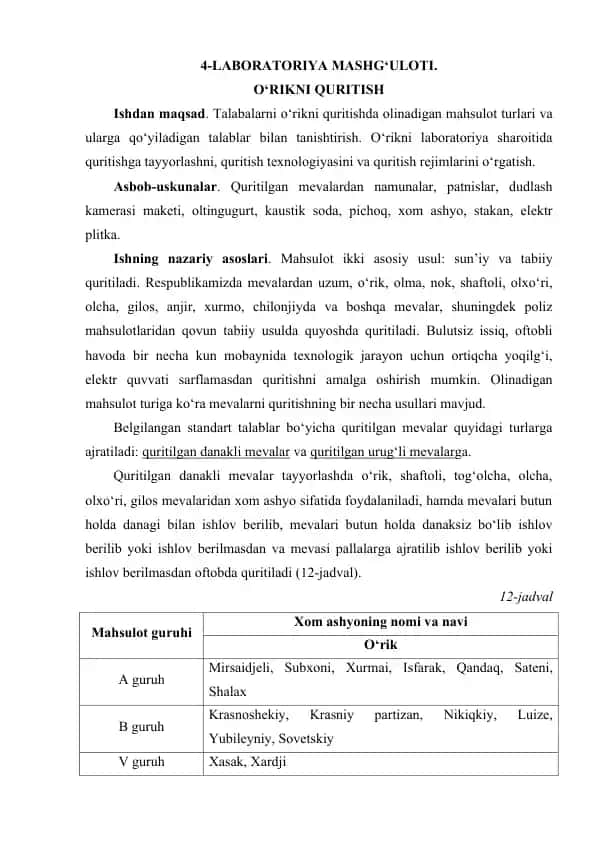 Laboratoriya mashg'uloti - O'rikni quritish