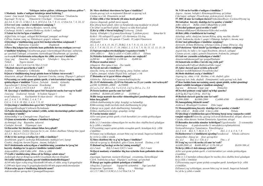 “Madaniy holda o’sadigan butalarga” test savolnomasi