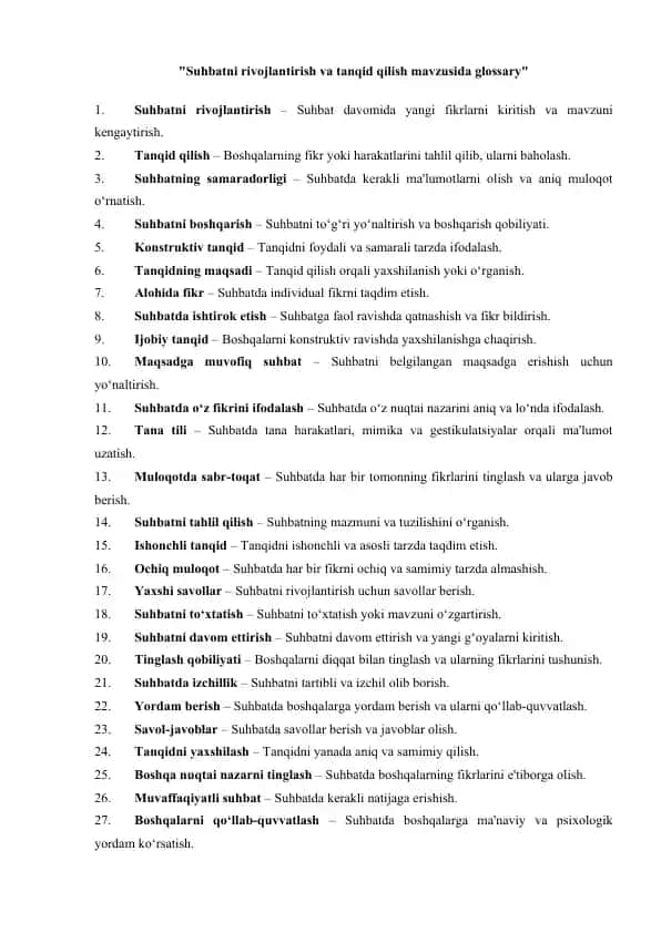 Suhbatni rivojlantirish va tanqid qilish mavzusida glossary