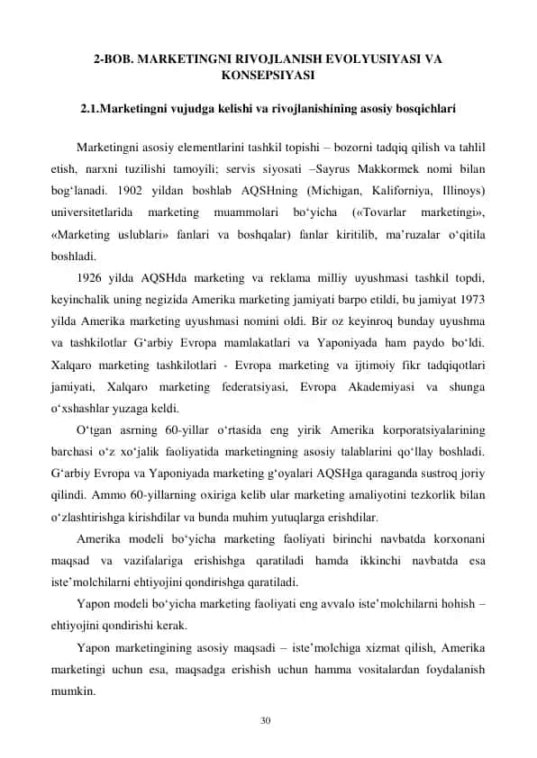 Marketingni rivojlanish evolyusiyasi va konsepsiyasi