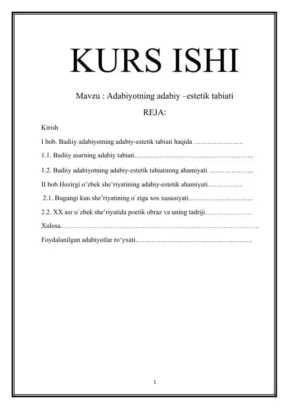 Adabiyotning adabiy–estetik tabiati (kurs ishi)