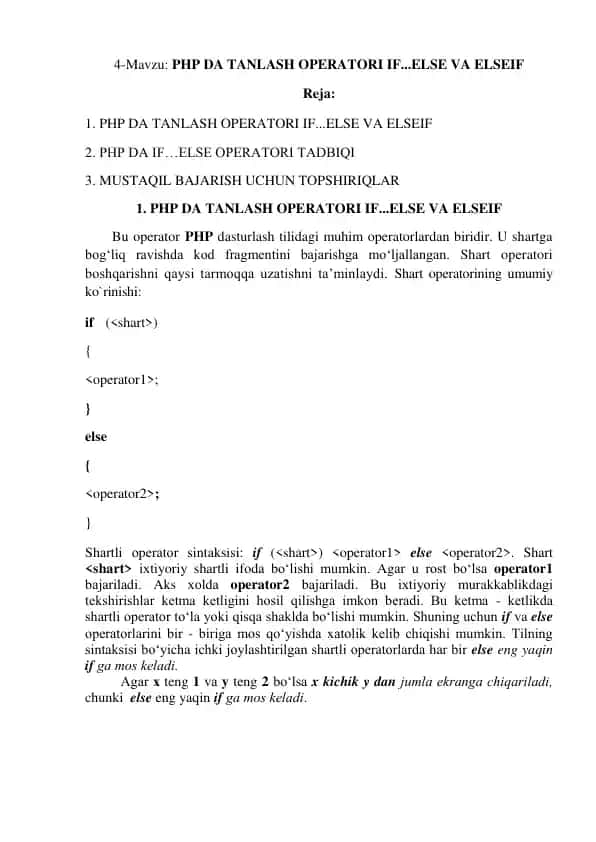 PHP DA TANLASH OPERATORI IF...ELSE VA ELSEIF