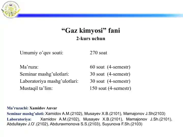"Gazkimyosi" fanlari