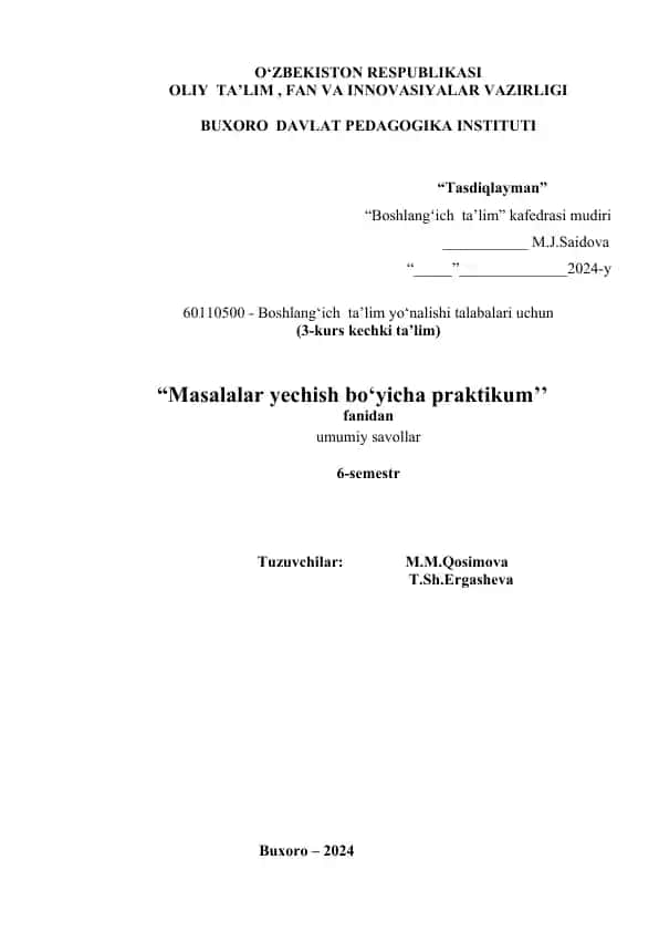 Masalalar yechish bo‘yicha praktikum