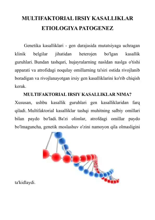 MULTIFAKTORIAL IRSIY KASALLIKLAR ETIOLOGIYA PATOGENEZ