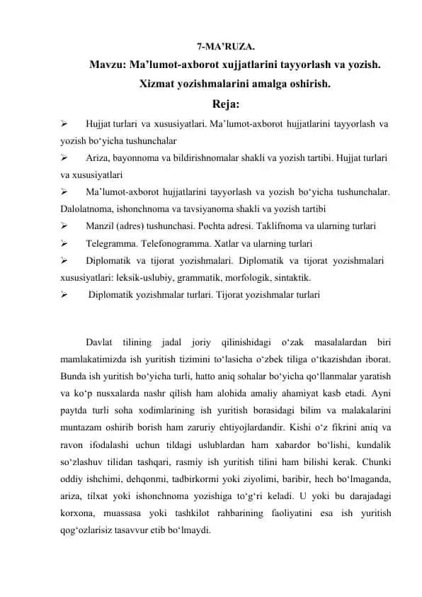 Ma'lumot-axborot xujjatlarini tayyorlash va yozish