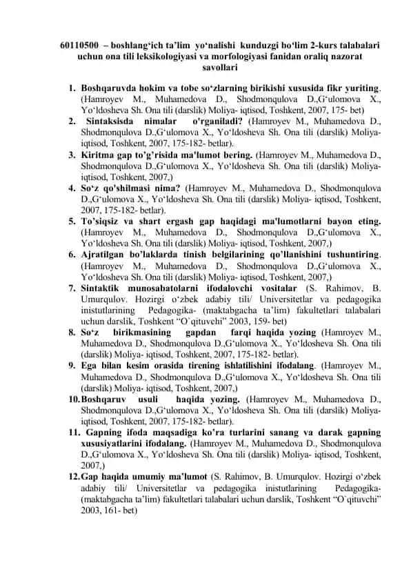 Ona tili leksikologiyasi va morfologiyasi fanidan oraliq nazorat savollari