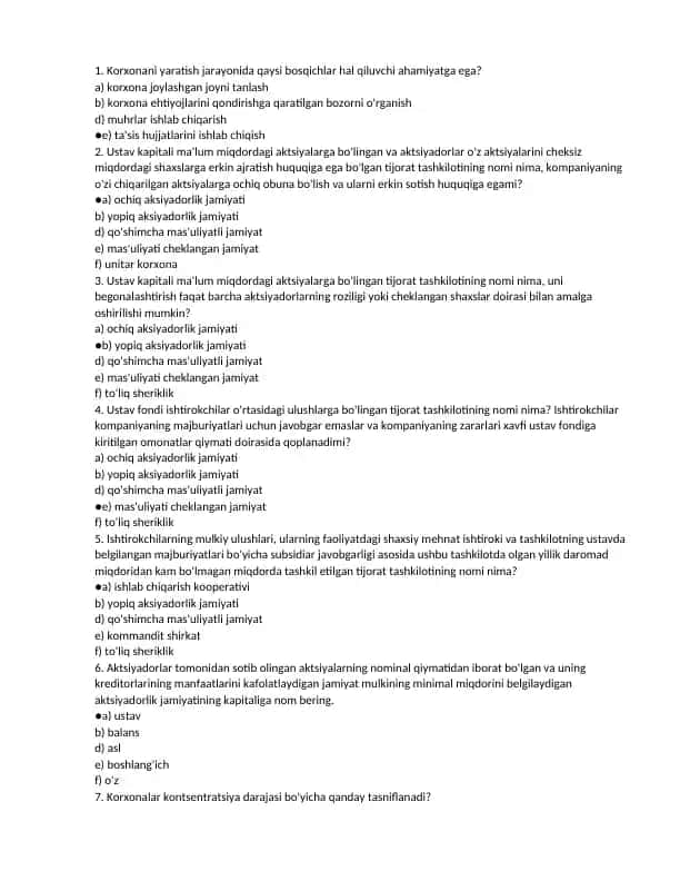 Tijorat tashkilotlari haqida savollar to'plami