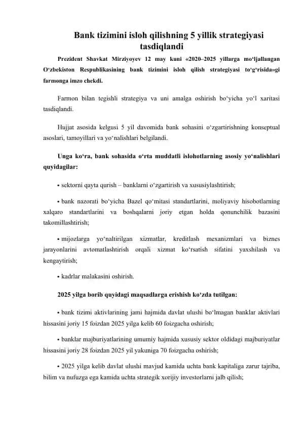Bank tizimini isloh qilishning 5 yillik strategiyasi