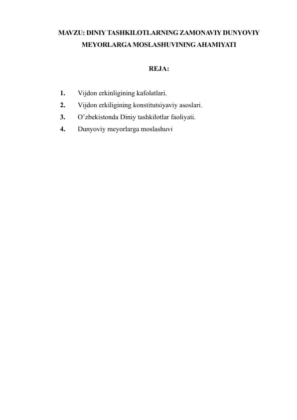 Diniy tashkilotlarning zamona-dunyoviy meyorlarga moslashuvi