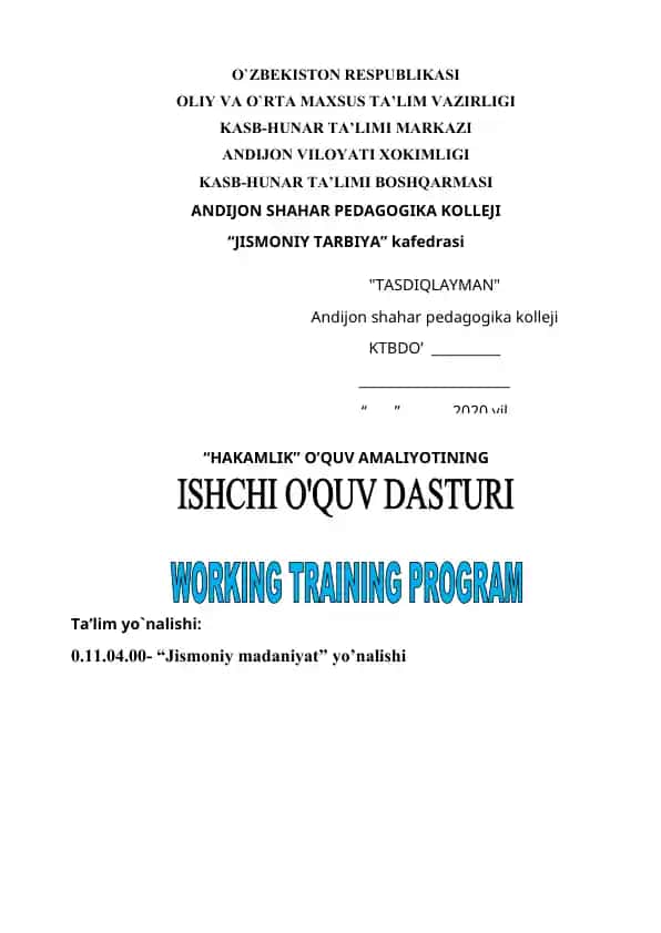 Hakamlik o‘quv amaliyoti uchun ishchi dastur