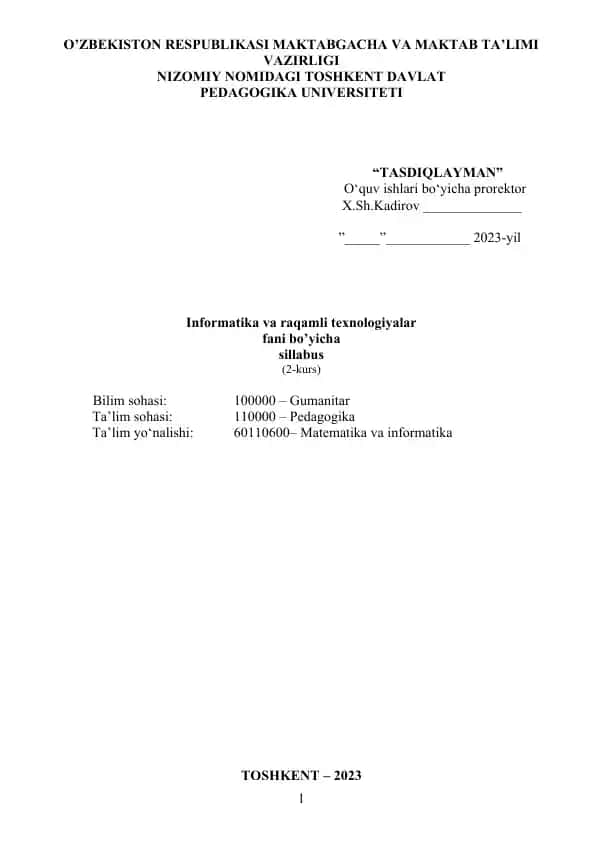 Informatika va raqamli texnologiyalar fani bo’yicha sillabus (2-kurs)